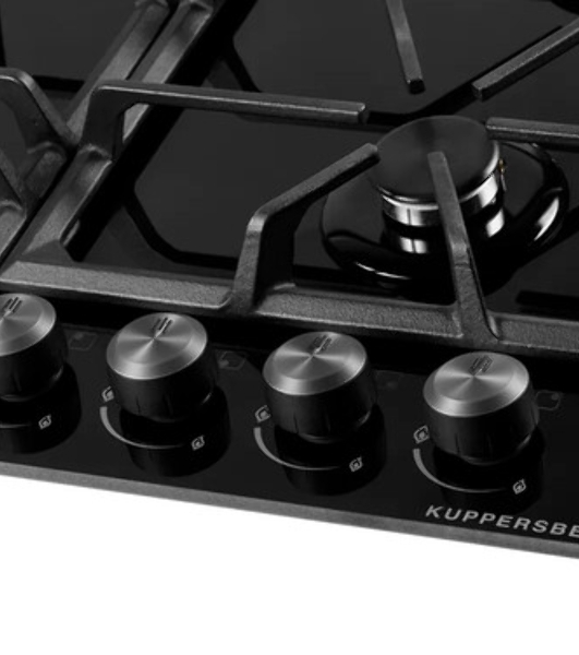 Газовая варочная панель Kuppersberg FG 62 B Газовая варочная панель, закаленное стекло, ширина 60 см, 4 газовые конфорки, WOK конфорка(3,8 кВт), автоподжиг, газ-контроль, чугунные решетки, черный