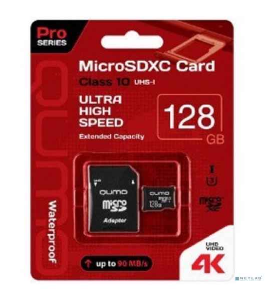 Флеш карта QUMO MicroSDXC 128 Gb 90/70 МБ/с UHS-I U3, Pro seria 3.0 , адаптер в комплекте SD, красная картонная упаковка