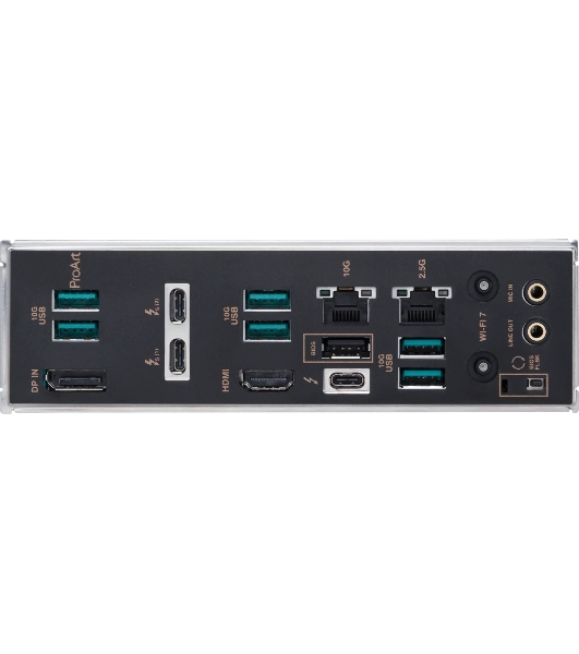 Материнская плата ASUS ProArt Z890-CREATOR WIFI, LGA 1851, Intel Z890, 4xDDR5, 4xSATA, 5xM.2, 2xPCIe 5.0 x16, 1xPCIe 4.0 x16, 1xHDMI, 1xDP, 1x 10Gb LAN, 1x 2.5Gb LAN, 2xUSB-C 10Gbps, 6xUSB-A 10Gbps, 1xUSB-A 2.0, 7.1, ATX