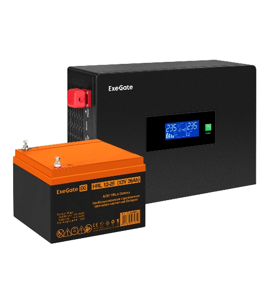 Комплект Источник бесперебойного питания EX295992RUS + батарея 26Aч EX285663RUS 1шт (инвертор, синус, для котла, PF=1, настенный) ExeGate IdealSine SR-600.LCD.2SH <600VA/600W, чистая синусоида, цветной LCD-дисплей, 2*Schuko, крепление настенное, черный> + батарея ExeGate HRL 12-26 (12В, 26А·ч) 1шт