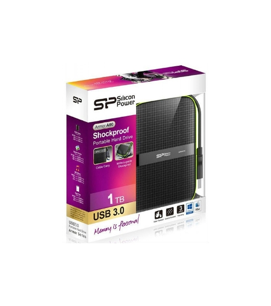 Внешний HDD 2.5' Silicon Power Armor A60, 1TB, USB 3.2 Gen 1 Type-A, 5400 rpm, черно-лаймовый