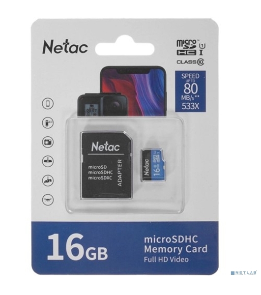 Флеш карта microSDHC 16Gb Netac P500 NT02P500STN-016G-R (с SD адаптером) 80Mb/s