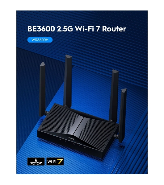 Маршрутизатор Cudy BE3600 2.5G Dual Band Wi-Fi 7 Mesh Router, Chipset Broadcom, 802.11be/ax/ac/a/b/g/n, 2882Mbps at 5GHz + 688Mbps at 2.4GHz, 1 x 2.5Gbps WAN Port, 4 x 10/100/1000Mbps Ports, 4 x 5dBi fixed antennas, WiFi router/AP/Repeater/WISP Mode, PPTP/L2TP/OpenVPN/WireGuard, MLO, MU-MIMO, Guest network, WPS, DDNS, IPv6, IPTV, WOL, WPA3, TR069/TR098/TR111/TR181, Cudy APP