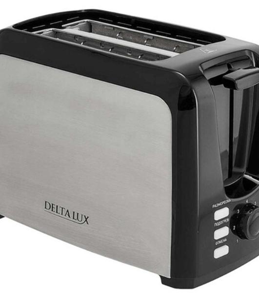 Тостер Delta LUX DL-090 нерж.,черный: 750 Вт, 2ломтика, 6-ти позиц. таймер, разморозка, подогрев (6)
