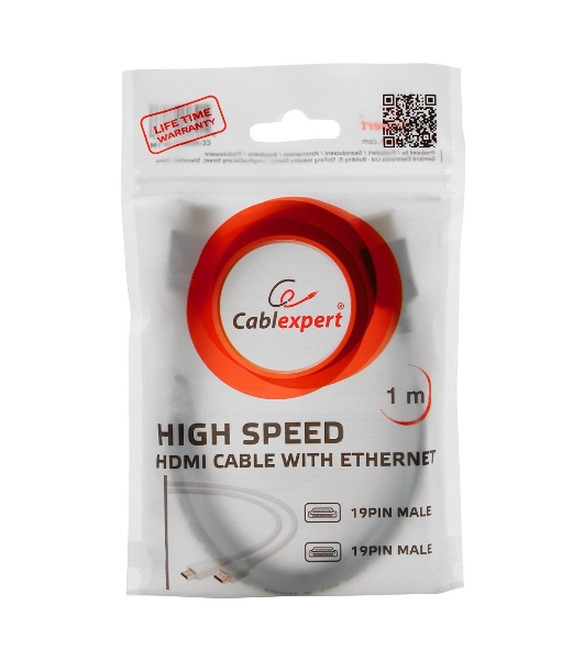 Кабель Cablexpert HDMI CC-HDMI4-W-1M, 19M/19M, v2.0, медь, позол.разъемы, экран, 1м, белый, пакет