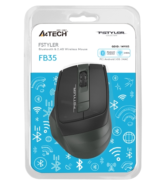 Мышь беспроводная A4Tech Fstyler FB35 зеленый/черный, 2000 dpi, радиоканал, Bluetooth, USB, кнопки - 6