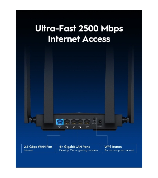 Маршрутизатор Cudy BE3600 2.5G Dual Band Wi-Fi 7 Mesh Router, Chipset Broadcom, 802.11be/ax/ac/a/b/g/n, 2882Mbps at 5GHz + 688Mbps at 2.4GHz, 1 x 2.5Gbps WAN Port, 4 x 10/100/1000Mbps Ports, 4 x 5dBi fixed antennas, WiFi router/AP/Repeater/WISP Mode, PPTP/L2TP/OpenVPN/WireGuard, MLO, MU-MIMO, Guest network, WPS, DDNS, IPv6, IPTV, WOL, WPA3, TR069/TR098/TR111/TR181, Cudy APP