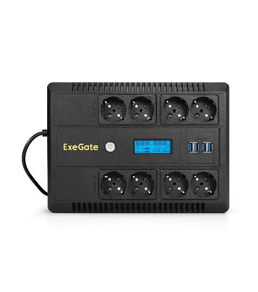 Источник бесперебойного питания ExeGate NEO Smart LHB-650.LCD.AVR.8SH.CH.RJ.USB 650VA/390W, LCD, AVR, 8*Schuko, RJ45/11, USB, 4*USB-порта для зарядки, черный