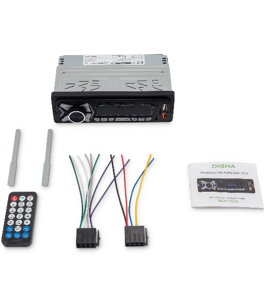 Автомагнитола Digma MCP-227B, 1 DIN, Bluetooth, USB Type-A, AUX, пульт ДУ