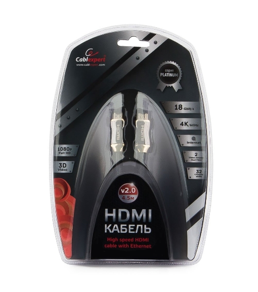 Кабель Cablexpert HDMI, серия Platinum, 4,5 м, v2.0, M/M, позол.разъемы, металлический корпус, нейлоновая оплетка, блистер
