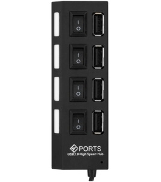 Разветвитель USB2.0 Gembird 4xUSB, блок питания 2А, подсветка и выкл, кабель USB 55 см, черный