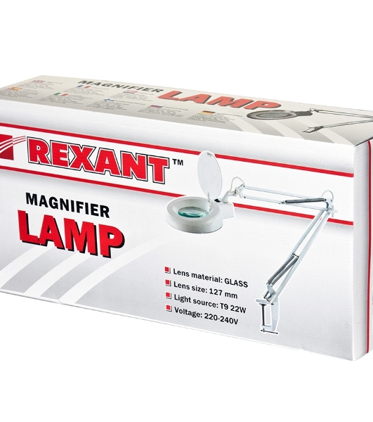 Лупа на струбцине круглая настольная Rexant 3Х с подсветкой, белая