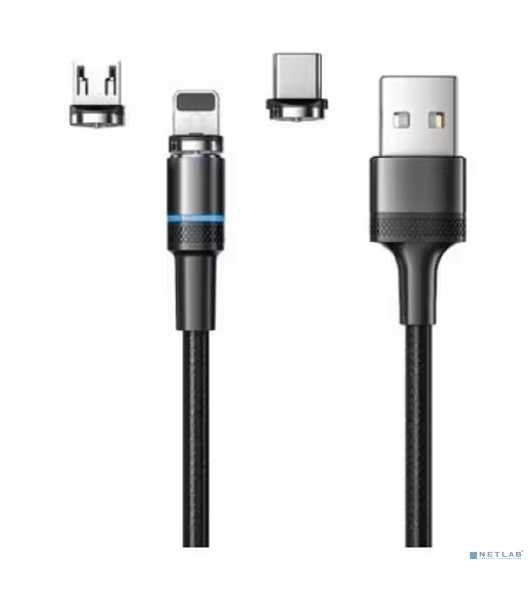 Кабель USB Rexant 3в1 со съемными магнитными портами, Type-С (2A), Lightning (2,4A), Micro USB (2A), 1,2м, в черной оплетке, с LED подсветкой
