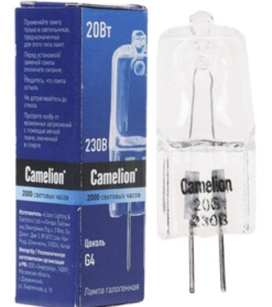 Лампа галогенная JD 20Вт капсула g4 2850К 240В g4 Camelion 10405