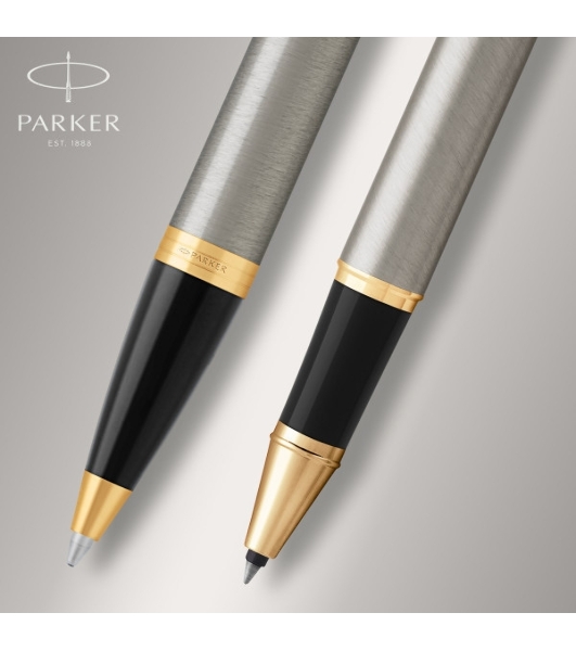 Набор ручек Parker IM Core TK223 (CW2093217) Brushed Metal GT, подарочная коробка, ручка роллер, ручка шариковая сменный стержень, 1 стержень, круглая