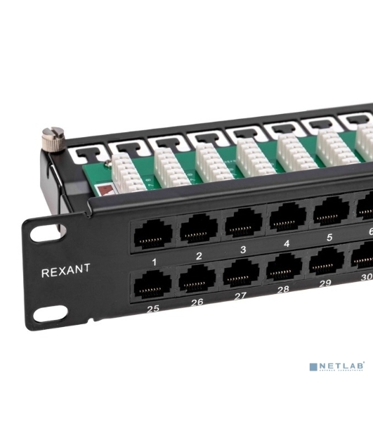 Панель коммутационная Rexant высокой плотности с кабельными органайзерами 19', 1U, 48 портов, U/UTP, RJ-45, CAT 5e PRO
