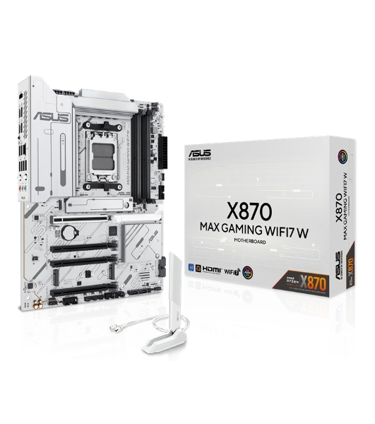 Материнская плата ASUS X870 MAX GAMING WIFI7 W, AM5, AMD X870, 4xDDR5, 4xSATA, 3xM.2, 1xPCIe 5.0 x16, 2xPCIe 4.0 x16, 1xPCIe 3.0 x16, 1xHDMI, 2xUSB Type-C (Display), 1x2.5Gb LAN, Wi-Fi 7, Bluetooth 5.4, 2xUSB-C 40Gbps, 1xUSB-A 10Gbps, 3xUSB-A 5Gbps, 4xUSB-A 2.0, 3x3.5 мм, 7.1, ATX
