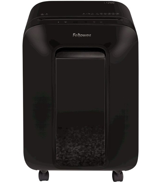 Шредер Fellowes PowerShred LX200 черный (секр.P-4)/перекрестный/12лист./22лтр./скрепки/скобы/пл.карты