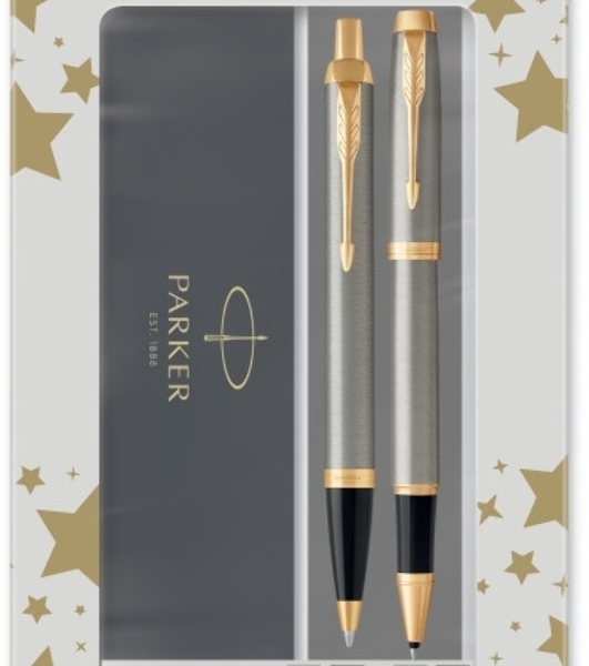 Набор ручек Parker IM Core TK223 (CW2093217) Brushed Metal GT, подарочная коробка, ручка роллер, ручка шариковая сменный стержень, 1 стержень, круглая