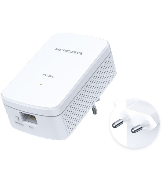 Комплект гигабитных адаптеров Mercusys AV1000 Gigabit Powerline Kit, HomePlug AV2 standard, 1 Gigabit port, 300m over electrical circuits, plug and play.
