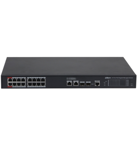 Коммутатор 20-портовый гигабитный управляемый с PoE Dahua DH-S4220-16GT-240, уровень L2, 16xRJ45 1Gb PoE, 2xRJ45 1Gb, 2xSFP 1Gb, суммарно до 240Вт, коммутация 56 Гбит/с, MAC-таблица 8к, металл
