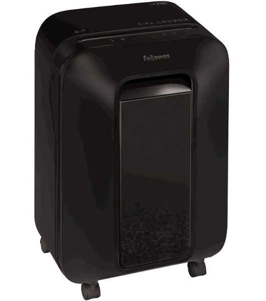 Шредер Fellowes PowerShred LX200 черный (секр.P-4)/перекрестный/12лист./22лтр./скрепки/скобы/пл.карты