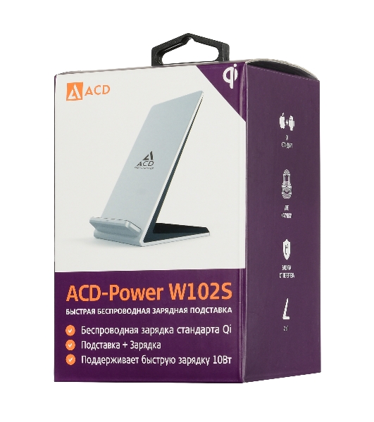 Сетевое зарядное устройство ACD-W102S-F1S 10Вт, беспроводная Qi, 2-катушки с QC, 5В/2А ~ 9В/1,8А RTL
