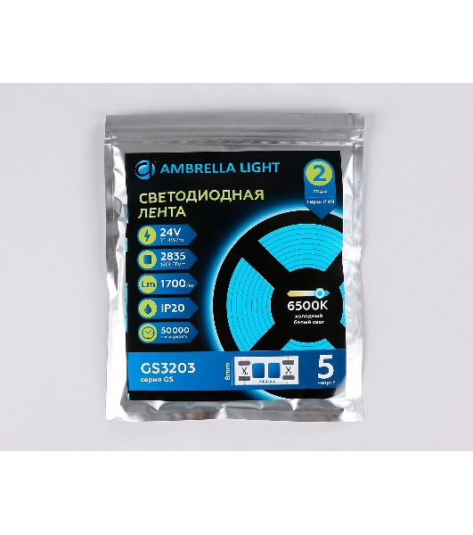 Светодиодная лента Ambrella light GS3203 2835 180Led/ 14.4W m/ 24V IP20 6500K/ 5000*8*1.2mm (2 конт.)