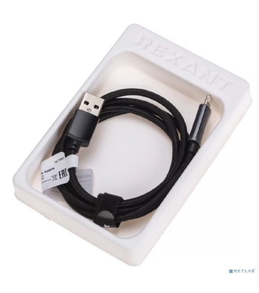Кабель Rexant USB-A - Lightning для Apple, 2,4А, 1м, в черной нейлоновой оплетке, c LED дисплеем