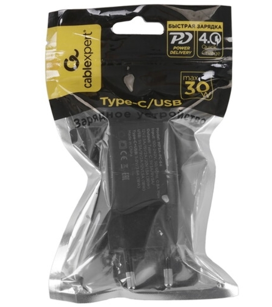 Зарядное устройство Cablexpert MP3A-PC-64, 30Вт GaN, 3А, QC4.0/PD, 1xUSB, 1xType-C, черный, пакет