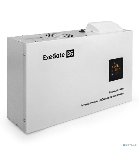 Стабилизатор напряжения ExeGate Master AV-10000 (10000ВА, 140-260В, цветной дисплей, 220В±8%, КПД 98%, 5 уровней защиты, задержка, усиленный метал.корпус, клем.колодка+евророзетка, RTL)