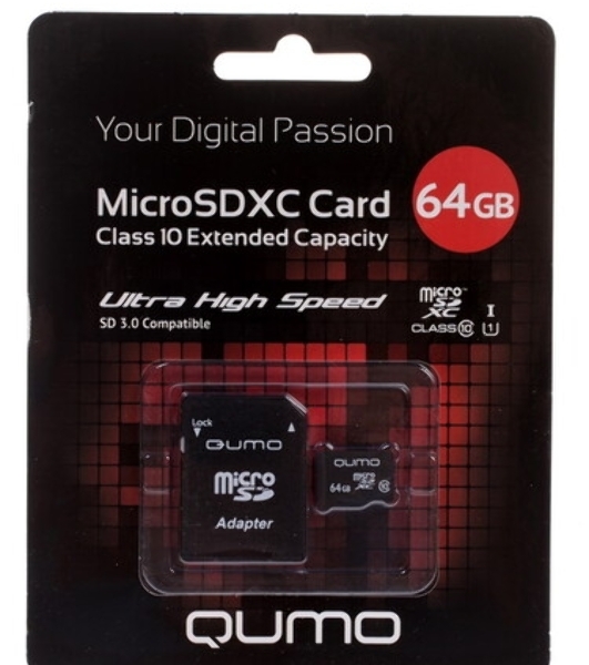 Флеш карта QUMO MicroSDXC 64Gb Class 10 UHS-I U3 черный adp