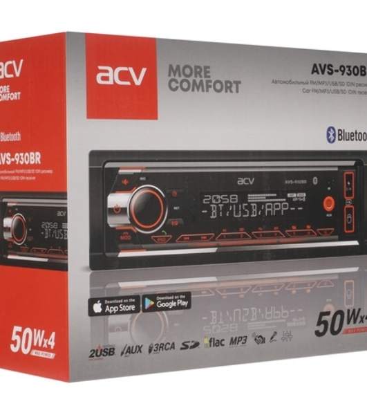 Автомагнитола ACV AVS-930BR, 1 DIN, Bluetooth, USB Type-A, AUX, пульт ДУ