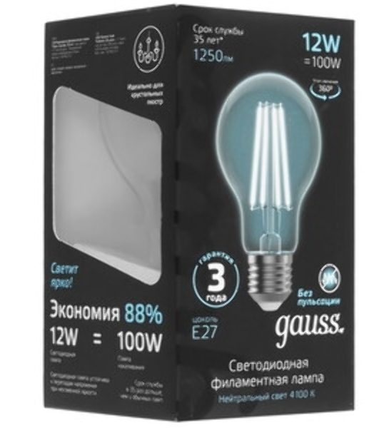 Лампа cветодиодная Gauss Filament А60 12W 1250lm 4100К Е27 LED 1/10/40