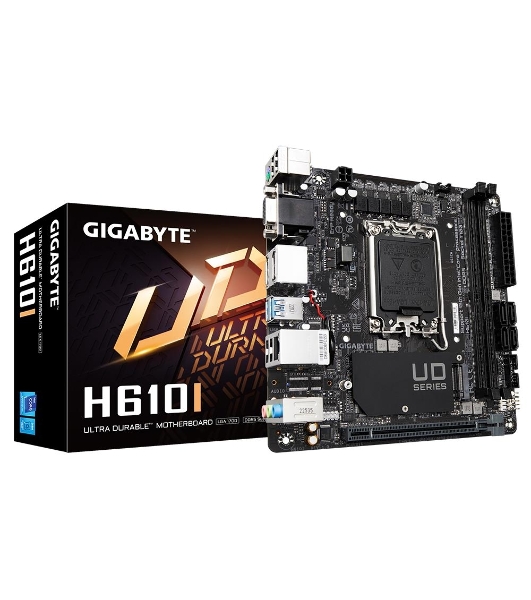 Материнская плата Gigabyte H610I, LGA 1700, Intel H610, 2xDDR5, 4xSATA, 1xM.2, 1xPCIe 4.0 x16, 1xHDMI, 1xVGA, 2xDP, 1x 1Gb LAN, 2xUSB-A 3.2 Gen 1, 4xUSB-A 2.0, 3x 3.5 мм, 7.1, Mini-ITX