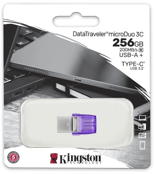 Флешка USB Kingston DataTraveler microDuo 3C (DTDUO3CG3/256GB), 256Gb, USB 3.2 Gen 1/Type-C, R/W 200/15, фиолетовый