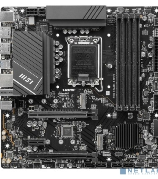 Материнская плата MSI PRO B760M-A WIFI, LGA 1700, Intel B760, 4xDDR5, 4xSATA, 2xM.2, 1xPCI-E 4.0 x16, 1xPCI-E 4.0 x4, 2xHDMI, 2xDP, 1x2.5Gb LAN, 2xUSB-A 2.0, 2xUSB 3.2 Gen 1, 2xUSB 3.2 Gen 2, 3x3.5 мм, 7.1, Micro-ATX