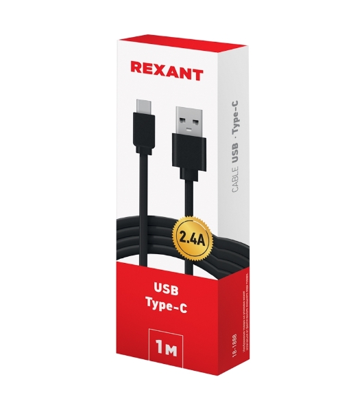 Кабель USB-Type-C Rexant 2,4A/PVC/flat/1м