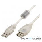 Кабель-удлинитель USB2.0 Pro Cablexpert CCF-USB2-AMAF-TR-15, AM/AF, 4,5м, экран, 2феррит.кольца, прозрачный, пакет, фото2