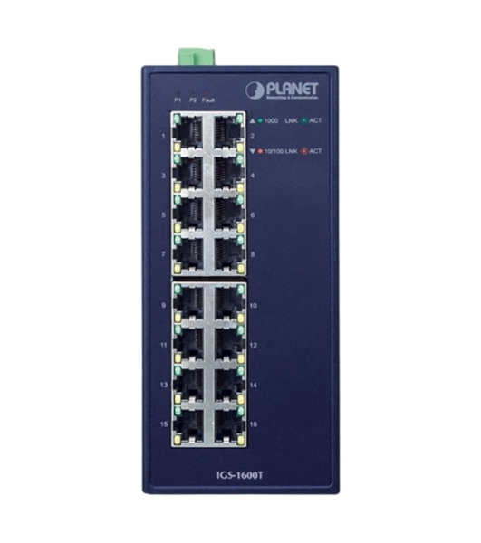 Коммутатор PLANET IGS-1600T IP30 Industrial 16-Port 10/100/1000T Gigabit Ethernet Switch (-40~75 degrees C, dual 12~48V DC/24V AC),UL certified