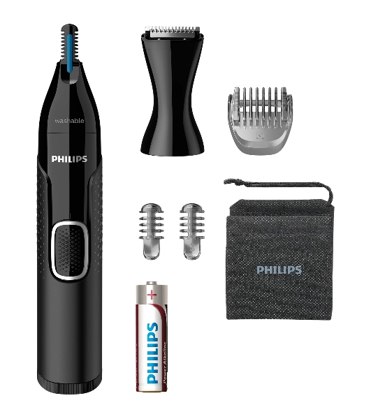 Триммер Philips для носа и ушей, черный, корпус - пластик, 3 насадки-гребня, насадка - триммер, щеточка для очистки, мягкий чехол, батарейка