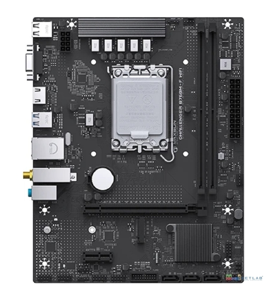 Материнская плата Maxsun Challenger B760M-F WIFI, LGA 1700, Intel B760, 2xDDR4, 3xSATA, 1xM.2, 1xPCIe 4.0 x16, 1xPCIe x1, 1xVGA, 1xHDMI, 1x1Gb LAN, Wi-Fi 5, Bluetooth 4.2, 2xUSB-A 5Gbps, 4xUSB-A 2.0, 3x3.5 мм, 7.1, чёрный, mATX