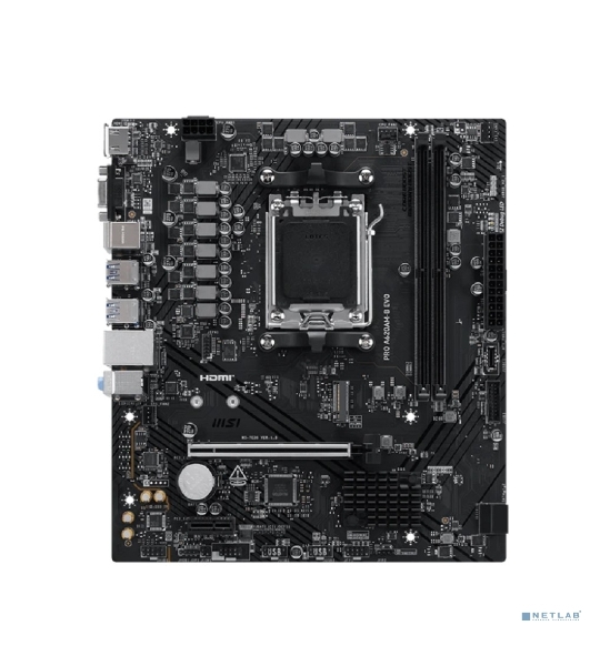 Материнская плата MSI PRO A620M-B EVO, AM5, AMD A620A, 2xDDR5, 2xSATA, 1xM.2, 1xPCIe 4.0 x16, 1xPCIe x1, 1xVGA, 1xHDMI, 1x2.5Gb LAN, 4xUSB-A 5Gbps, 2xUSB-A 2.0, 2xPS/2, 3x3.5 мм, 7.1, чёрный, mATX
