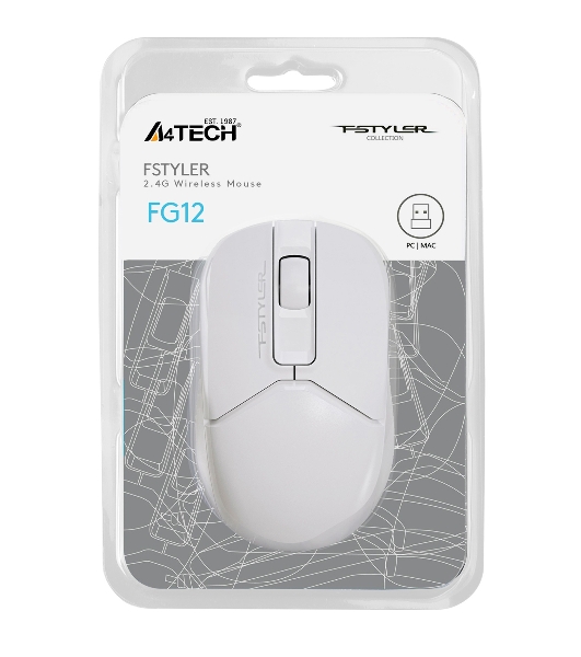 Мышь беспроводная A4Tech Fstyler FG12 белый, 1200 dpi, радиоканал, USB, кнопки - 3