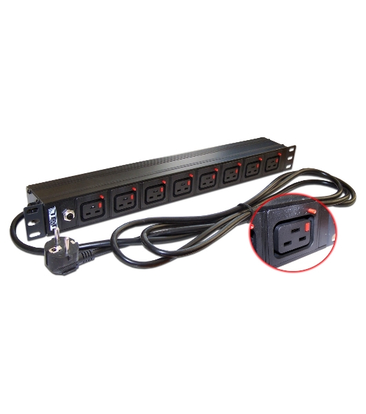 Блок розеток 19' 8 шт. C19 с фиксатором вилки, 16A 250V, шнур питания 3.0 м