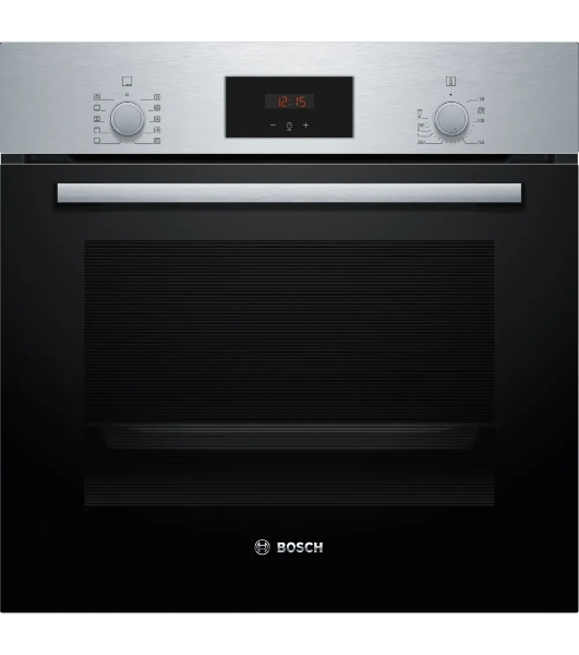 Духовой шкаф Bosch HBF512BS1T Serie 2, нержавеющая сталь, класс энергоэффективности А, 7 режимов, 3-х слойное остекление, LED-дисплей, утапливаемые переключатели, галогенное освещение, проволочные направляющие, сделано в Турции,