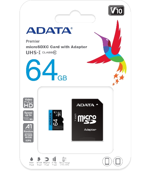 Флеш карта microSD 64Gb ADATA microSDHC Class 10 UHS-I A1 100/25 MB/s (SD адаптер)