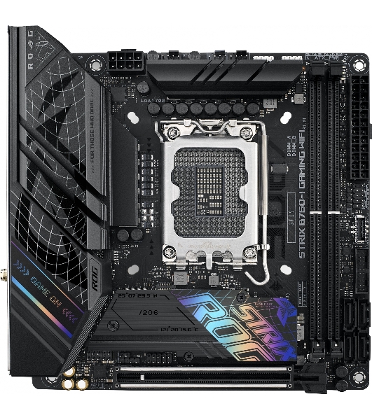 Материнская плата ASUS ROG STRIX B760-I GAMING WIFI, LGA 1700, Intel B760, 2xDDR5, 4xSATA, 2xM.2, 1xPCIe 5.0 x16, 1xHDMI, 1xDP, 1x 2.5Gb LAN, 3xUSB-A 2.0, 3xUSB-A 3.2 Gen 1, 1xUSB-C 3.2 Gen 1, 1xUSB-C 3.2 Gen 2x2, 5x3.5 мм, 7.1, Mini-ITX