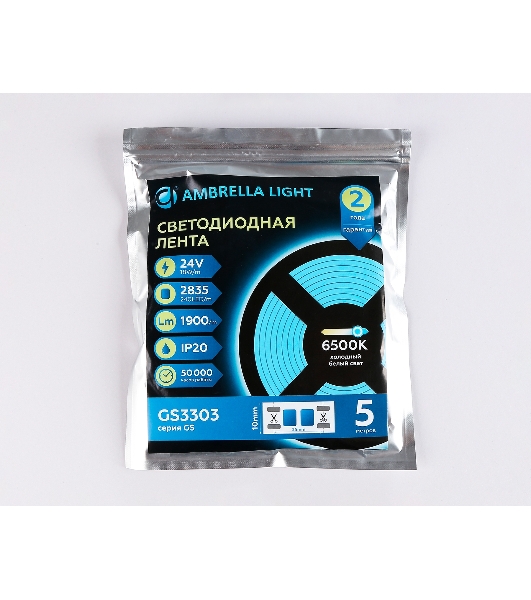 Светодиодная лента Ambrella light GS3303 2835 240Led/ 18W m/ 24V IP20 6500K/ 5000*10*1.2mm (2 конт.)