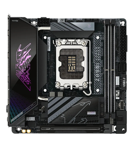 Материнская плата Gigabyte Z890I AORUS ULTRA, LGA 1851, Intel Z890, 2xDDR5, 2xSATA, 2xM.2, 1xPCIe 5.0 x16, 1xDP, 1xHDMI, 1xUSB-C, 1x Thunderbolt 4, 1x 2.5Gb LAN, 2xUSB-A 3.2 Gen 1, 3xUSB-A 3.2 Gen 2, 2x3.5 мм, TOSLINK, 7.1, 1xUSB4, Mini-ITX